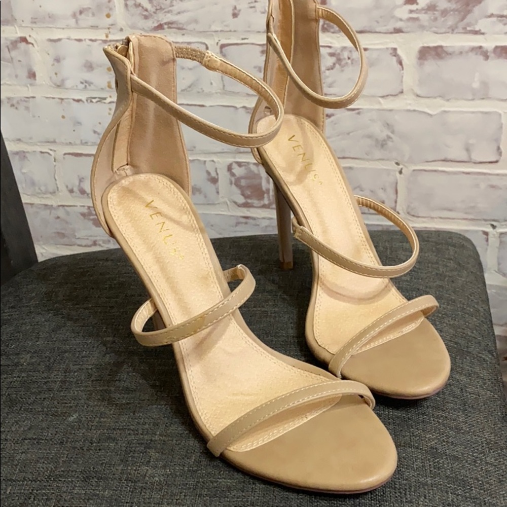 Light tan 4” heels with ankle strap and back zip
